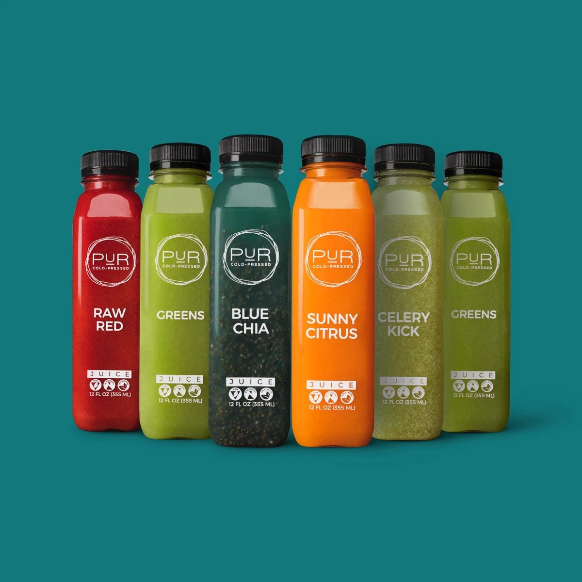 PUR Cold Pressed Signature Juice Cleanse lineup featuring Raw Red, Greens, Blue Chia, Sunny Citrus, and Celery Kick bottles on teal background.