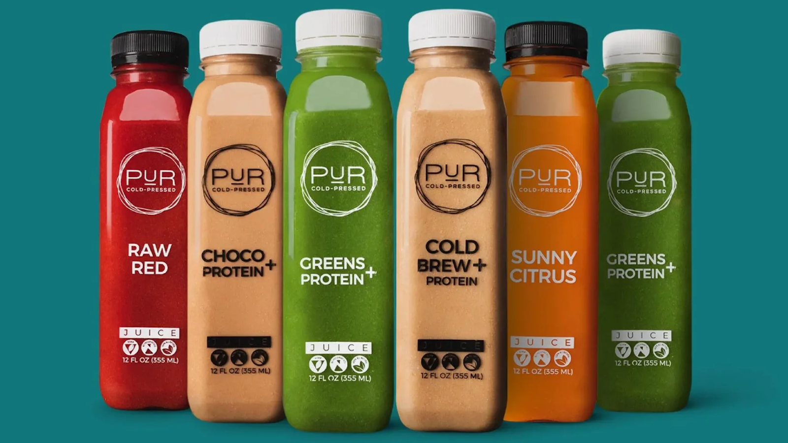 PUR lineup: Raw Red, Choco Protein+, Greens Protein+, Cold Brew+ Protein, Sunny Citrus—colorful bottles on teal.
