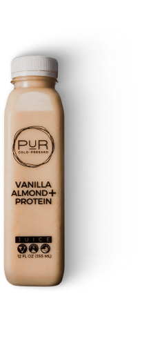 PUR Cold-Pressed Vanilla Almond + Protein bottle on transparent background.