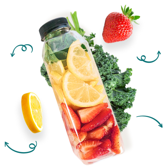 Bottle of fresh juice with lemon slices, strawberries, and kale — healthy cold-pressed ingredients.
