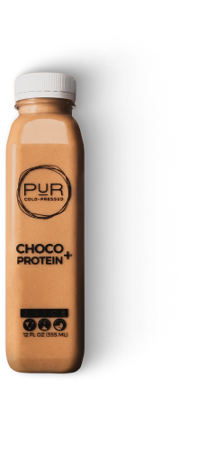 PUR Cold-Pressed Choco + Protein bottle on transparent background.