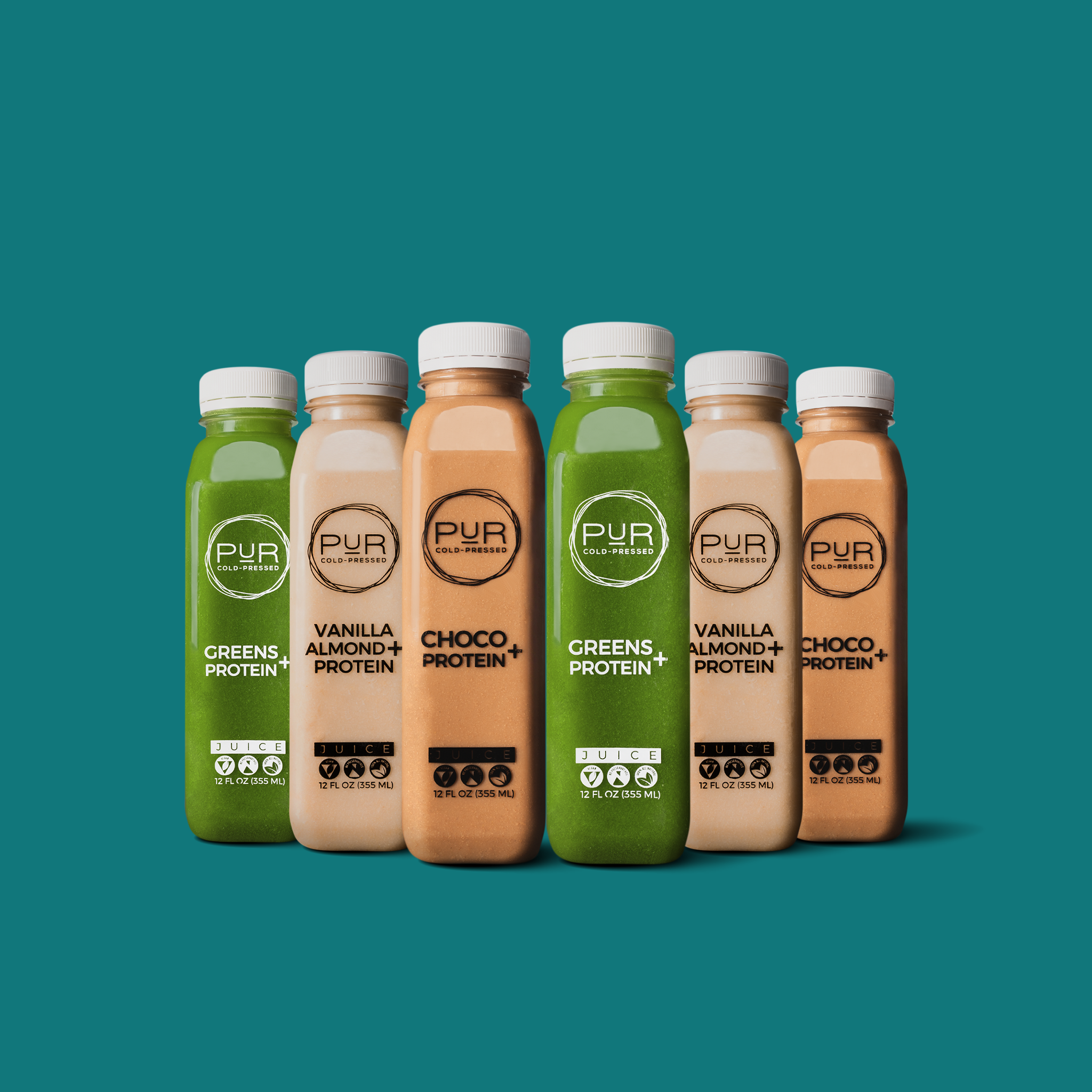 PUR Protein Daily Combo Pack—Greens Protein+, Vanilla Almond+ Protein and Choco Protein+ on teal.