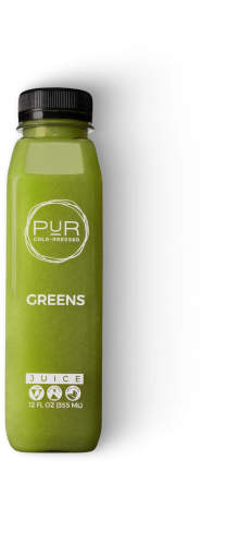 PUR Cold-Pressed Greens bottle on transparent background.