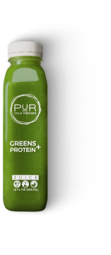 PUR Cold Pressed Greens Protein+ juice bottle made with nutrient-rich greens and plant-based protein for clean, sustained energy.