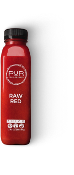 PUR Cold Pressed Raw Red juice bottle made with beets, carrots, apple, and lemon for a nutrient-rich, antioxidant-packed blend.